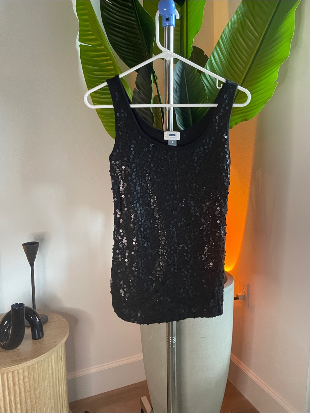 Sequin Scoop Neck Tank Top - Black